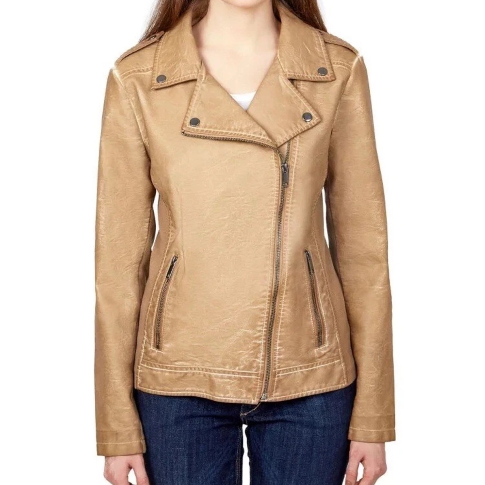 Sebby Faux Leather Moto Jacket XL Taupe Tan w/ Stretch Knit Sides - Picture 6 of 9